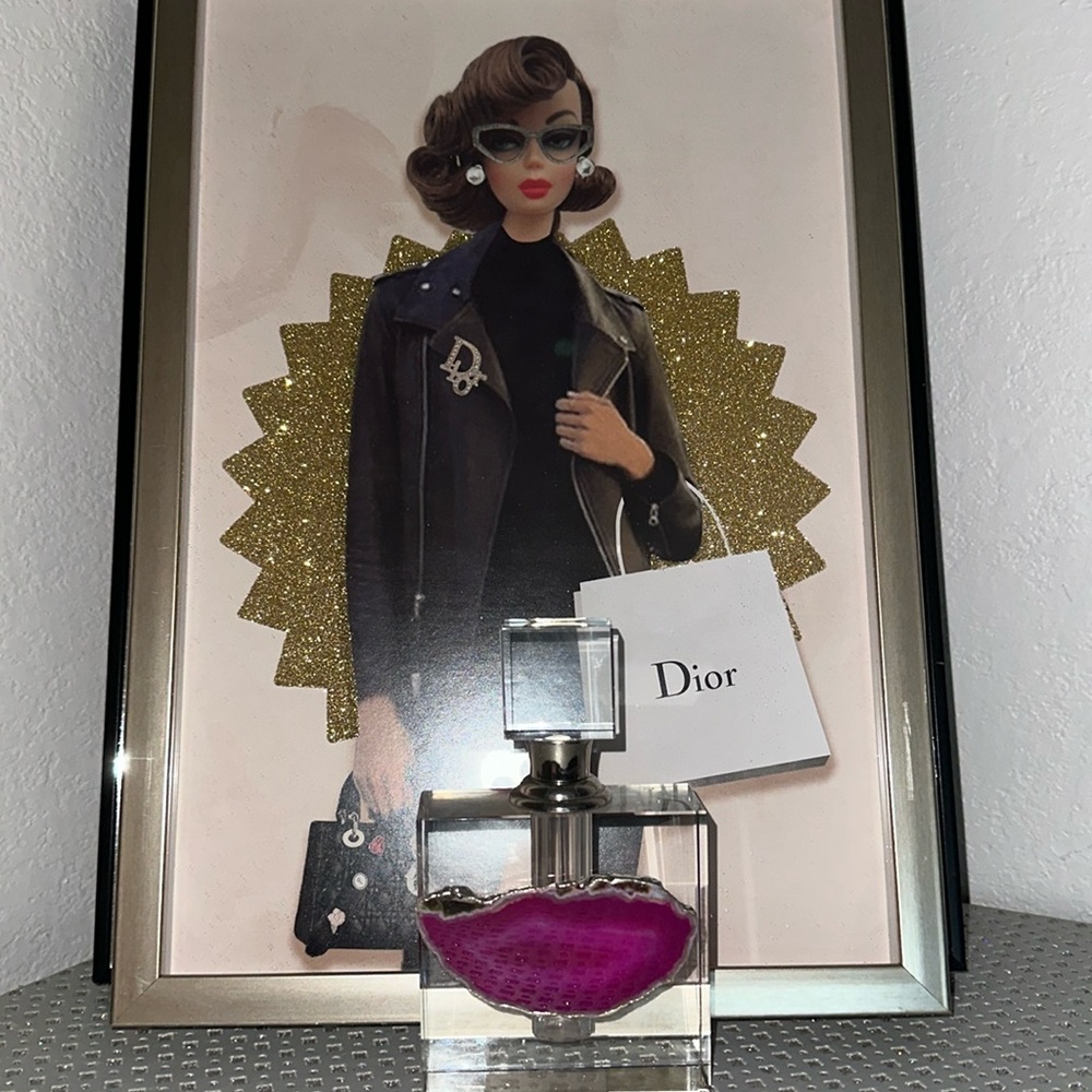 Clear Block Perfume Bottle w/ Pink Agate slice Dipstick